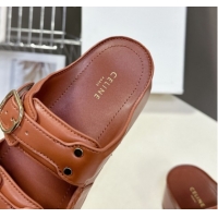 Good Quality Celine Polly Wedge Platform Slides Sandal in Calfskin with Buckle Strap Tan Brown 0428118