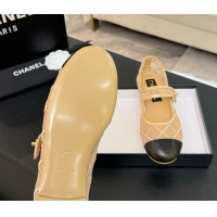 Top Design Chanel Mesh & Lambskin Mary Janes Ballet Flats Beige 051542