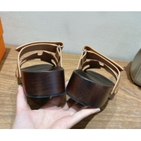 Best Grade Hermes Kos Clog Slides Sandal 4cm in Calfskin Leather and Wood Outsole Light Brown 0419054