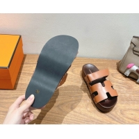 Most Popular Hermes Kos Clog Slides Sandal 4cm in Calfskin Leather and Wood Outsole Tan Brown 0419055