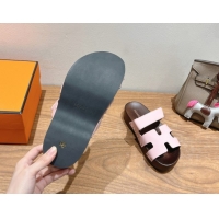 Good Quality Hermes Kos Clog Slides Sandal 4cm in Calfskin Leather and Wood Outsole Pink 0419056