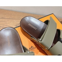 Grade Quality Hermes Kos Clog Slides Sandal 4cm in Calfskin Leather and Wood Outsole Green 0419057