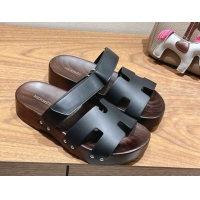 Low Price Hermes Kos Clog Slides Sandal 4cm in Calfskin Leather and Wood Outsole Black 0419058