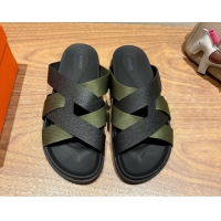 Good Looking Hermes Kazimir Flat Slides Sandal in Woven Ribbon and Epsom Calfskin Black/Green 0419067