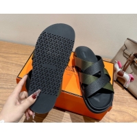 Good Looking Hermes Kazimir Flat Slides Sandal in Woven Ribbon and Epsom Calfskin Black/Green 0419067
