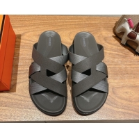 Popular Style Hermes Kazimir Flat Slides Sandal in Woven Ribbon and Epsom Calfskin Dark Grey 0419078