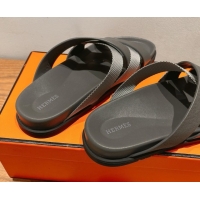 Popular Style Hermes Kazimir Flat Slides Sandal in Woven Ribbon and Epsom Calfskin Dark Grey 0419078