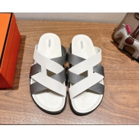 Cheap Price Hermes Kazimir Flat Slides Sandal in Woven Ribbon and Calfskin Leather White/Grey 0419079