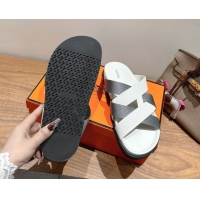 Cheap Price Hermes Kazimir Flat Slides Sandal in Woven Ribbon and Calfskin Leather White/Grey 0419079