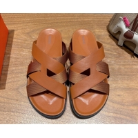 Luxurious Hermes Kazimir Flat Slides Sandal in Woven Ribbon and Calfskin All Brown 0419080
