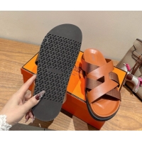Luxurious Hermes Kazimir Flat Slides Sandal in Woven Ribbon and Calfskin All Brown 0419080