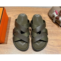 Shop Duplicate Hermes Kazimir Flat Slides Sandal in Woven Ribbon and Calfskin All Green 0419081