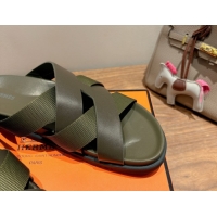 Shop Duplicate Hermes Kazimir Flat Slides Sandal in Woven Ribbon and Calfskin All Green 0419081