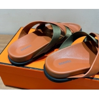 Charming Hermes Kazimir Flat Slides Sandal in Woven Ribbon and Calfskin Leather Brown/Green 0419068