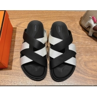 Best Product Hermes Kazimir Flat Slides Sandal in Woven Ribbon and Calfskin Leather Black/Light Grey 0419069