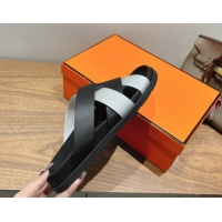 Best Product Hermes Kazimir Flat Slides Sandal in Woven Ribbon and Calfskin Leather Black/Light Grey 0419069
