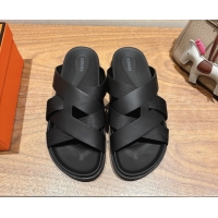 Good Product Hermes Kazimir Flat Slides Sandal in Woven Ribbon and Calfskin Leather All Black 0419070