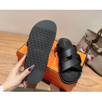 Good Product Hermes Kazimir Flat Slides Sandal in Woven Ribbon and Calfskin Leather All Black 0419070