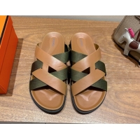 Trendy Design Hermes Kazimir Flat Slides Sandal in Woven Ribbon and Calfskin Leather Light Brown/Green 0419071