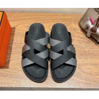 Shop Duplicate Hermes Kazimir Flat Slides Sandal in Woven Ribbon and Calfskin Leather Black/Dark Grey 0419072