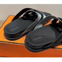 Shop Duplicate Hermes Kazimir Flat Slides Sandal in Woven Ribbon and Calfskin Leather Black/Dark Grey 0419072