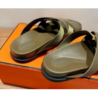 Top Design Hermes Kazimir Flat Slides Sandal in Woven Ribbon and Calfskin Leather All Green 0419073