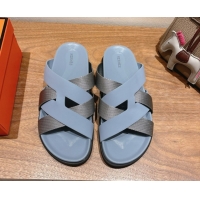 Shiny Red Hermes Kazimir Flat Slides Sandal in Woven Ribbon and Calfskin Leather Light Blue/Grey 0419074