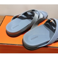 Shiny Red Hermes Kazimir Flat Slides Sandal in Woven Ribbon and Calfskin Leather Light Blue/Grey 0419074