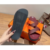 Popular Style Hermes Kazimir Flat Slides Sandal in Woven Ribbon and Calfskin Leather Burgundy/Orange 0419075