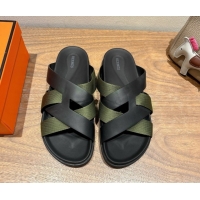 Luxury Discount Hermes Kazimir Flat Slides Sandal in Woven Ribbon and Calfskin Leather Black/Green 0419076