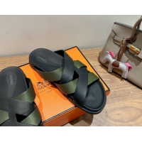 Luxury Discount Hermes Kazimir Flat Slides Sandal in Woven Ribbon and Calfskin Leather Black/Green 0419076