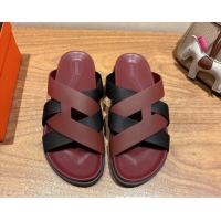 Good Looking Hermes Kazimir Flat Slides Sandal in Woven Ribbon and Calfskin Leather Burgundy/Black 0419077