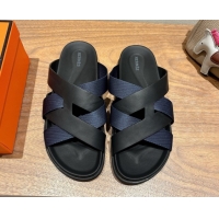 Good Quality Hermes Kazimir Flat Slides Sandal in Woven Ribbon and Calfskin Leather Black/Blue 0419082