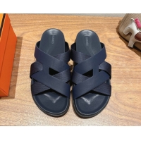 Hot Style Hermes Kazimir Flat Slides Sandal in Woven Ribbon and Calfskin Leather Dark Blue 0419083