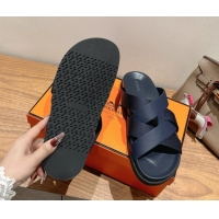 Hot Style Hermes Kazimir Flat Slides Sandal in Woven Ribbon and Calfskin Leather Dark Blue 0419083