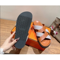 Fashionable Hermes Kazimir Flat Slides Sandal in Woven Canvas and Calfskin Leather Brown 0419084