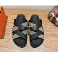 Stylish Hermes Kazimir Flat Slides Sandal in Woven Canvas and Calfskin Leather Black 0419085