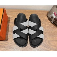 Luxury Cheap Hermes Kazimir Flat Slides Sandal in Woven Canvas and Calfskin Leather Black/Grey 0419086