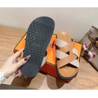 Sumptuous Hermes Kazimir Flat Slides Sandal in Woven Canvas and Calfskin Leather Brown 0419087
