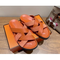 Duplicate Hermes Kazimir Flat Slides Sandal in Woven Suede and Calfskin Leather Orange 0419088