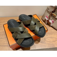 Sophisticated Hermes Kazimir Flat Slides Sandal in Woven Suede and Calfskin Leather Green 0419089