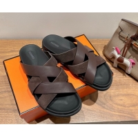 Best Grade Hermes Kazimir Flat Slides Sandal in Woven Suede and Calfskin Leather Fondant Brown 0419090