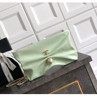 Luxury Cheap Chanel Shiny Lambskin Clutch with Chain and Pearl AP4613 Light Green 2025