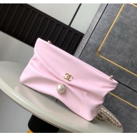 New Fashion Chanel Shiny Lambskin Clutch with Chain and Pearl AP4613 Light Pink 2025