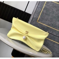 Good Looking Chanel Shiny Lambskin Clutch with Chain with Pearl AP4613 Yellow 2025