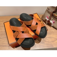 Top Grade Hermes Kazimir Flat Slides Sandal in Woven Suede and Calfskin Leather Brown 0419091