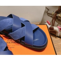 Luxurious Hermes Kazimir Flat Slides Sandal in Woven Suede and Calfskin Leather Royal Blue 0419092