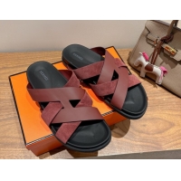 Pretty Style Hermes Kazimir Flat Slides Sandal in Woven Suede and Calfskin Leather Burgundy 0419093