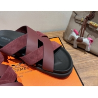 Pretty Style Hermes Kazimir Flat Slides Sandal in Woven Suede and Calfskin Leather Burgundy 0419093