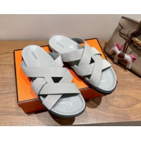 Unique Discount Hermes Kazimir Flat Slides Sandal in Woven Suede and Calfskin Leather Light Grey 0419094